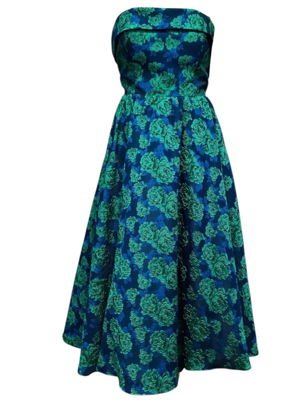 MAC DUGGAL BLUE / GREEN FLORAL JACQUARD STRAPLESS A-LINE FLARED MIDI COCKTAIL DR